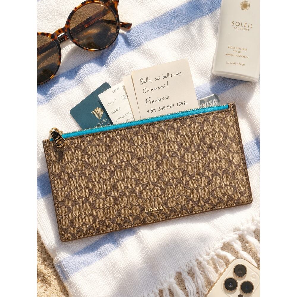 Coach Signature Canvas Zip Pouch Card Case Mini Wallet Travel Organizer Teal NEW